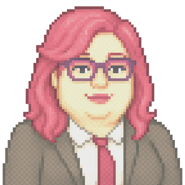 Pixel-art portrait of ROBIN — pink hair, purple glasses, consultant blazer