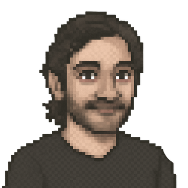 Pixel-art portrait of KAI — dark hair and stubble